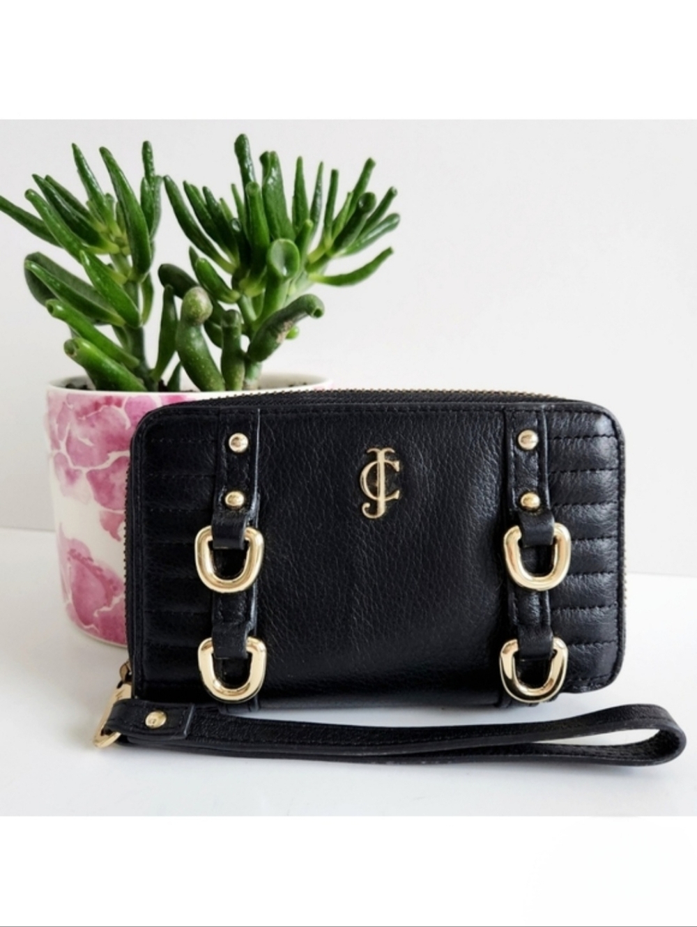 Juicy Couture Black Leather Wristlet / Small Zip Around Wallet, Gold Hardware